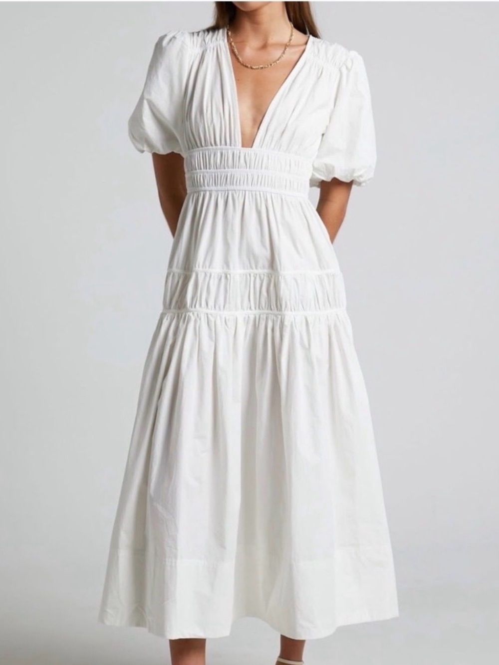 Showpo White Puff-Sleeve V-Neck Maxi Dress size 6 - Picture 1 of 8